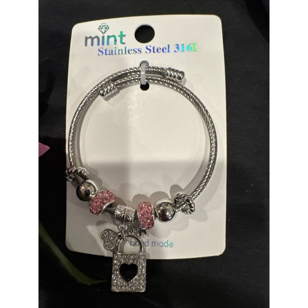 Mint Stainless Steel Heart PadLock Crystals Charm Silvertone Bangle Bracelet NEW - Picture 5 of 7
